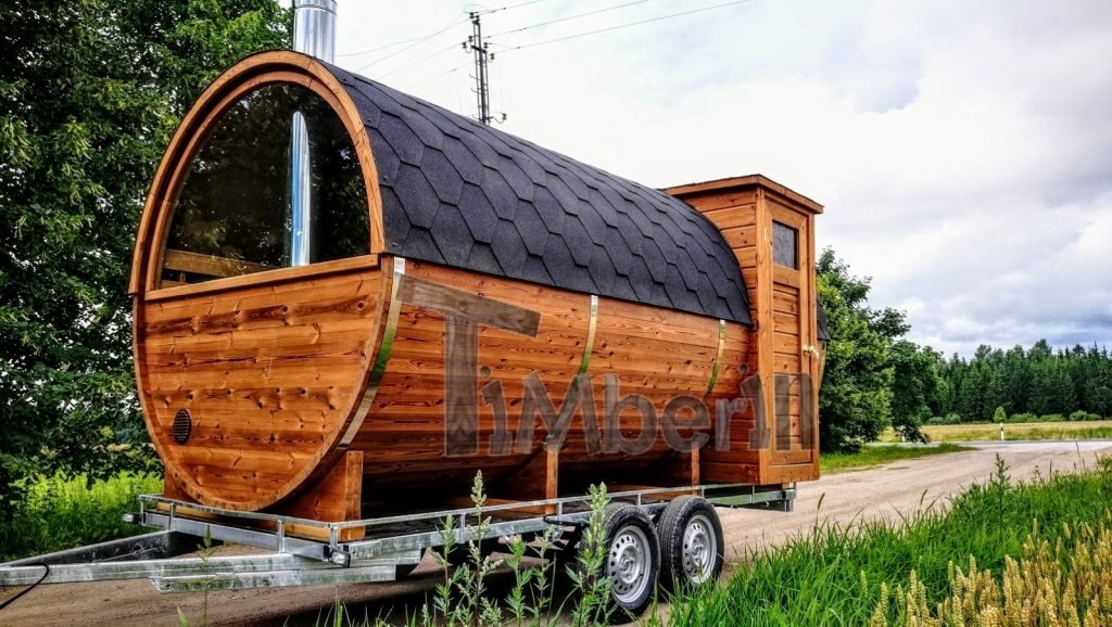 Mobile outdoor barrel sauna with half panoramic window on the trailer (1)