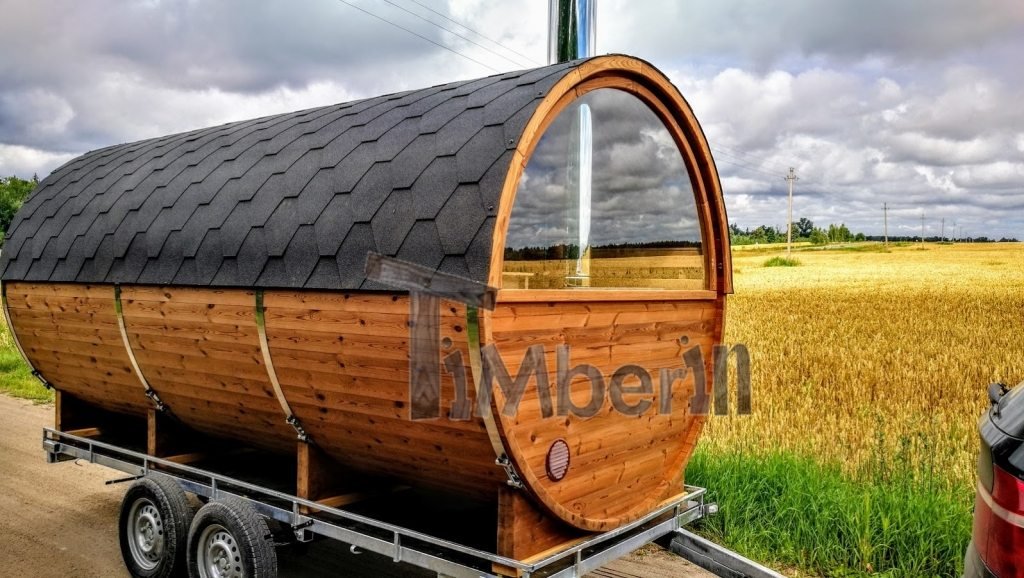 Mobile outdoor barrel sauna with half panoramic window on the trailer (4)