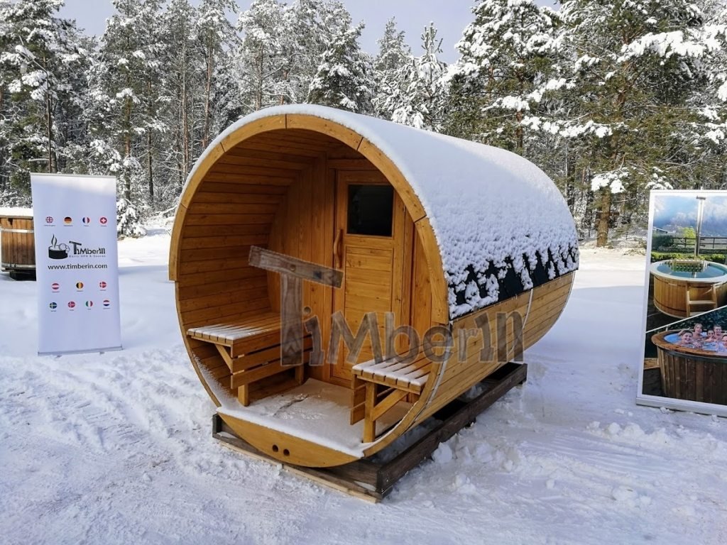 Outdoor sauna with a porch in winter